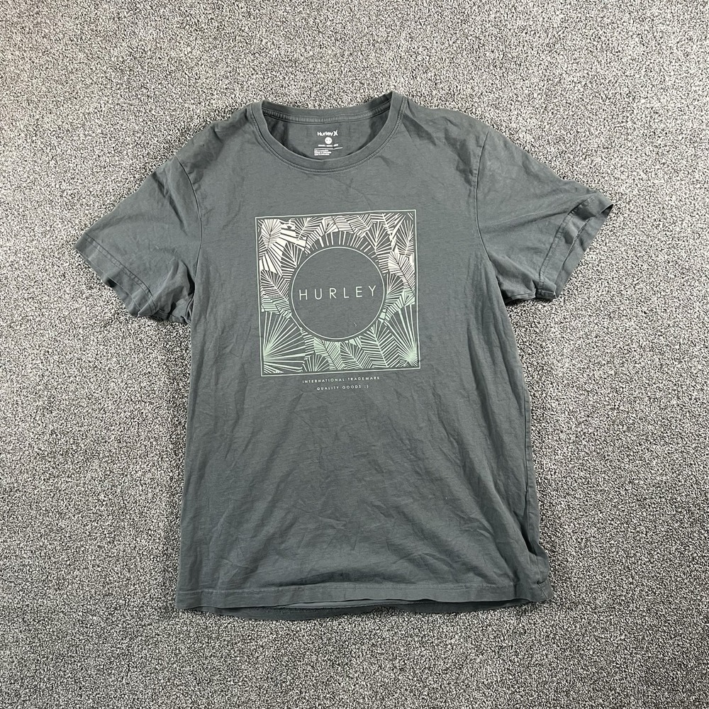 Hurley Mens Medium T Shirt Green Tropical Graphic Logo Surf Skate Casual Tee